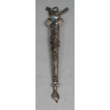 Judaica -a Russian silver Torah yad, applied with trailing vine and set with turquoise, bird finial,