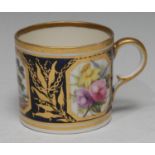 A Derby coffee can, painted by William Quaker Pegg, with central landscape flanked by floral