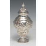 A large Victorian silver inverted ogee sugar caster, urnular finial, domed pierced cover, the side