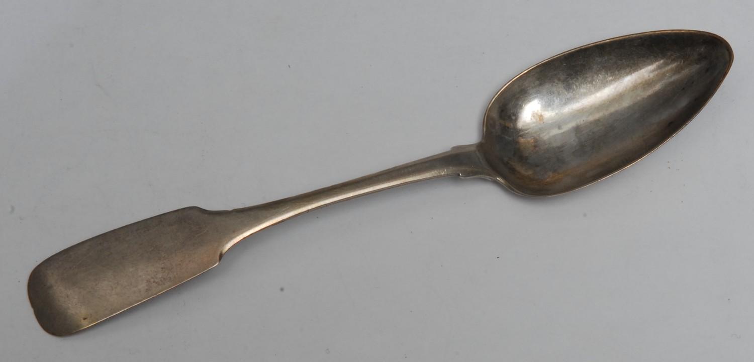 A Scottish Provincial silver Fiddle pattern teaspoon, possibly J. McIver, Fochabers, c.1830