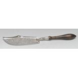 A French silver fish slice, the shaped blade pierced and bright-cut engraved with dolphin, the