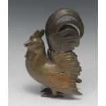 A Chinese copper alloy or bronze incense burner, cast as a cockerel, 22cm high, 18th/19th century