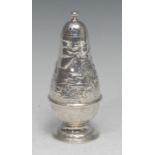 A Victorian silver Teniers baluster caster, in relief with tavern scenes, three-quarter girdle,