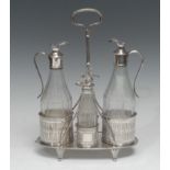 A George III Old Sheffield plate oval four-bottle oil and vinegar cruet, beaded borders, pierced and