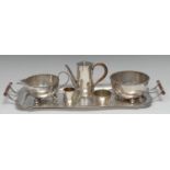 An Edwardian E.P.N.S three piece tapered cylindrical bachelor's coffee service, comprising coffee