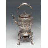 A Victorian E.P.N.S spirit kettle, stand and burner, chased and engraved with Signs of the Zodiac on