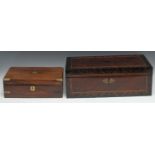 A William IV/early Victorian brass-bound rosewood writing box, hinged cover enclosing a fitted