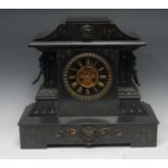 A substantial 19th century bronze mounted noir Belge mantel clock, 13cm dial with applied gilt Roman
