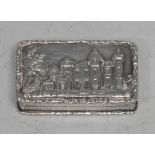 A William IV silver rounded rectangular castle top vinaigrette, the hinged cover in relief with a