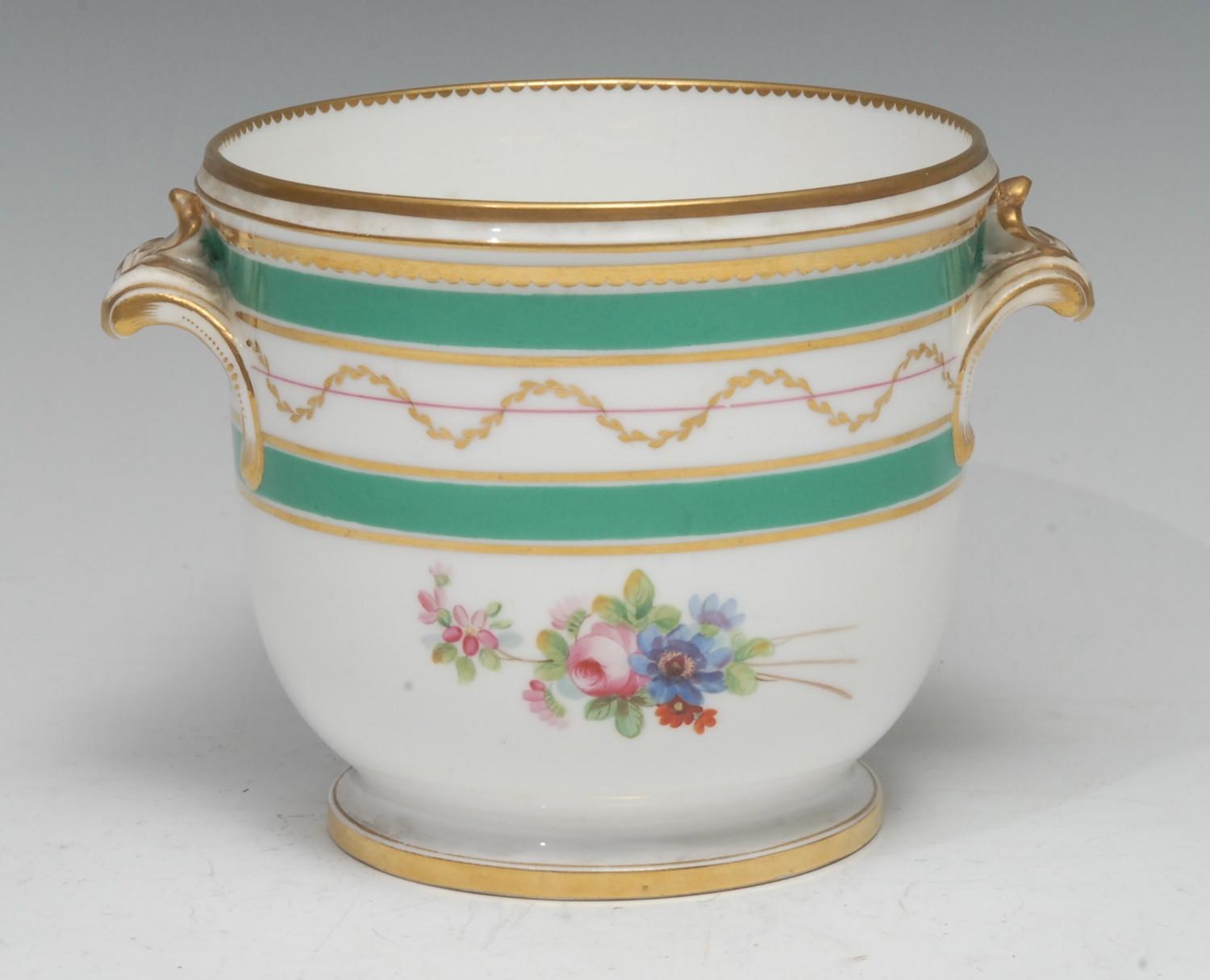 A Minton cache pot, decorated in the manner of Sèvres, leafy scroll handles picket out in gilt,