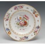 A Bloor Derby circular plate, painted by Leonard Lead with colourful summer flowers on a marble