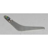 An Australian silver novelty bookmark, as a boomerang, set with an opal, 11.5cm long, retailed by