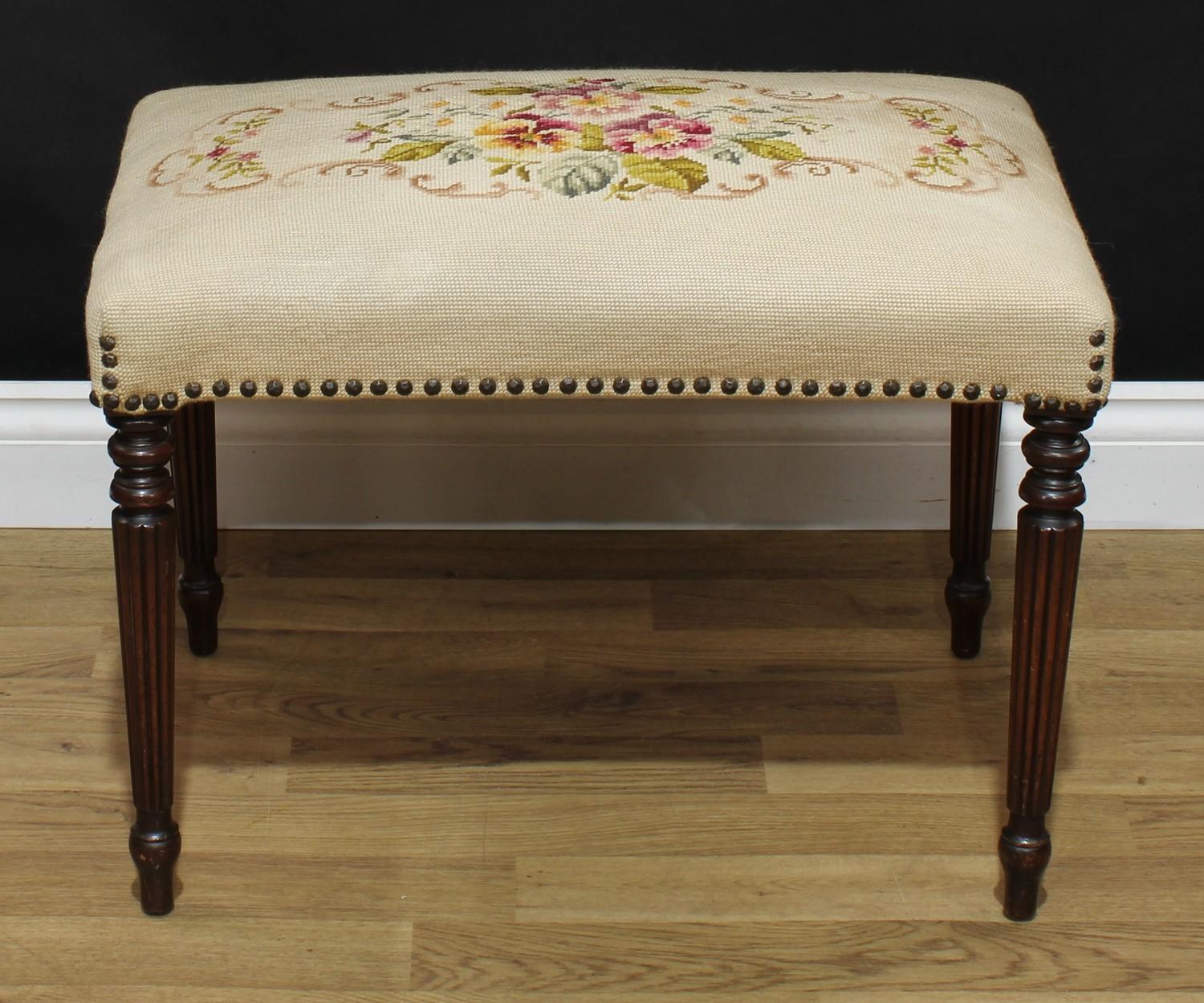 A George III Revival mahogany stool or window seat, rectangular top, turned and fluted legs, 44cm