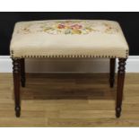 A George III Revival mahogany stool or window seat, rectangular top, turned and fluted legs, 44cm