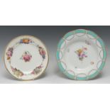 A Derby shaped circular dessert dish, painted by Edward Withers, with spray of colourful flowers,