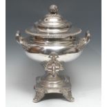 A Regency Old Sheffield plate pedestal tea urn or samovar, ogee cover with acanthus bud finial,