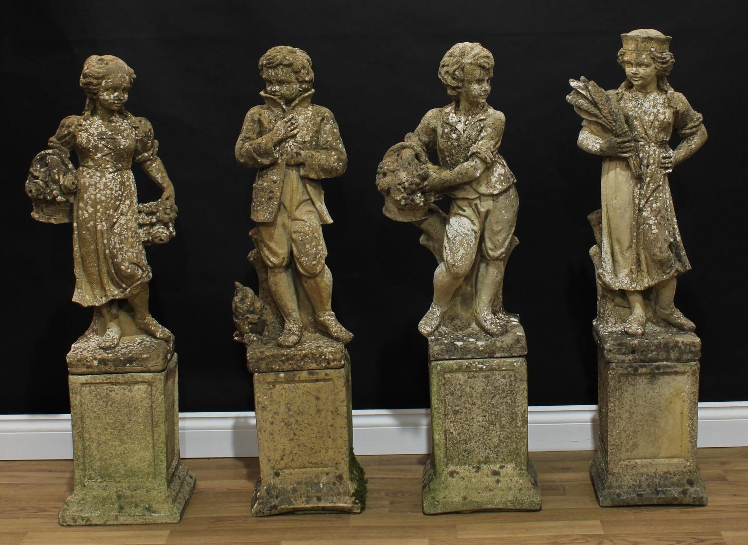 A set of four reconstituted stone figural garden statues, allegorical of the four seasons, each