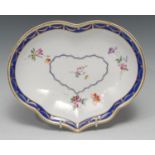 A Derby heart shaped dish, painted in the manner of Withers, with rose and garden flowers sprigs,