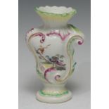 A Derby Patch Mark asymmetrical rococo vase, painted by the Cotton Stem painter, with fanciful birds