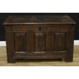 A 17th century Continental oak blanket chest, hinged rectangular top, the three panel front carved