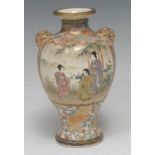A Japanese satsuma ovoid vase, painted with Geishas, to verso with chrysanthemums, within shaped