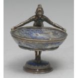 A Continental silver and lapis lazuli figural dish, as a scantily clad water nymph gazing into a