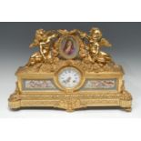 A large 19th century French porcelain mounted gilt mantel clock, 9cm convex enamel dial inscribed