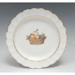 A Derby shaped circular plate, painted by George Complin, with basket of fruit, gilt line borders,