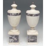A pair of Neo-Classical design white marble and amethyst quartz table urns, turned socle, square