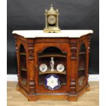 A 19th century maple canted rectangular side cabinet, white marble top above a glazed door enclosing