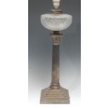 An early 20th century E.P.N.S Corinthian column table oil lamp, hobnail-cut clear glass reservoir,
