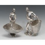 A pair of sculptural German electro-plated table decoration figures, cast as a man and woman, each