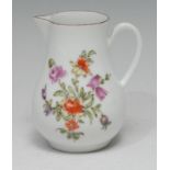 A Derby pear shaped sparrow beak jug, painted with floral spray and sprig to verso, brown line