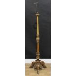 A French giltwood and gesso tripod standard lamp, acanthus grasped pillar, scroll feet, 139cm to