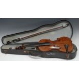 A 19th century violin, 35.8cm two-piece back, pierced F-scrolls, carved scrolls, ebony