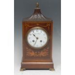 A George III Revival mahogany and satinwood marquetry mantel clock, 10cm slightly convex white