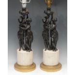 A pair of substantial Louis XVI Revival dark patinated bronze, ormolu and white marble figural table