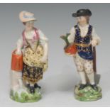 A pair of Derby figures, Gardener and Companion, she stands her right arm on a watering can, he with