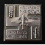 WW2 Third Reich rally badge ""Kreistag NSDAP 20 u 21 6.36 Dinslaken"".