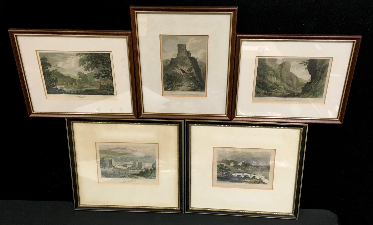Coloured engravings - Local Derbyshire scenes including Chatsworth, Haddon Hall, Monsal Dale,
