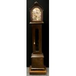 A Rapport long case clock, walnut and mahogany case, arched brass face, silvered chapter ring, Roman