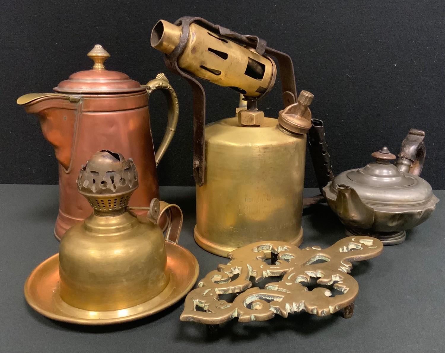 A Vintage Burmos Blowlamp, a chamber stick, Rome copper hot water jug etc