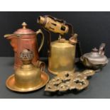 A Vintage Burmos Blowlamp, a chamber stick, Rome copper hot water jug etc