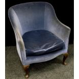 A Victorian tub chair, padded back and sides, squab cushion, cabriole forelegs, acanthus carved