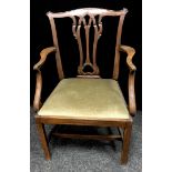 A Hepplewhite style carver, pierced vasular splat, drop in seat, square forelegs, H stretchers.