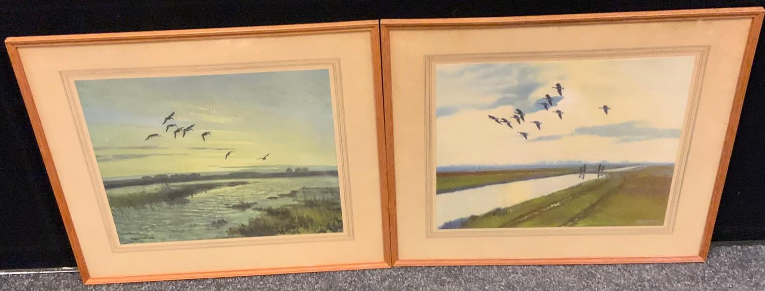 Peter Scott, after, a pair, Birds in Flight, colour prints, 31cm x 37cm (2)