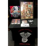 Harley Davidson interest including printed cotton bandannas; tin plate signs; a framed Harley