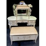 A Rocco revival dressing table, triptych mirrors; a conforming stool and blanket box. (3)