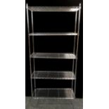 A chrome plated shelving unit. 180cm high x 80cm wide x35cm deep.