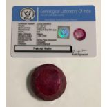 Loose Gemstones - a certified round mixed cut ruby, 241.5ct, GLI gem testing report card